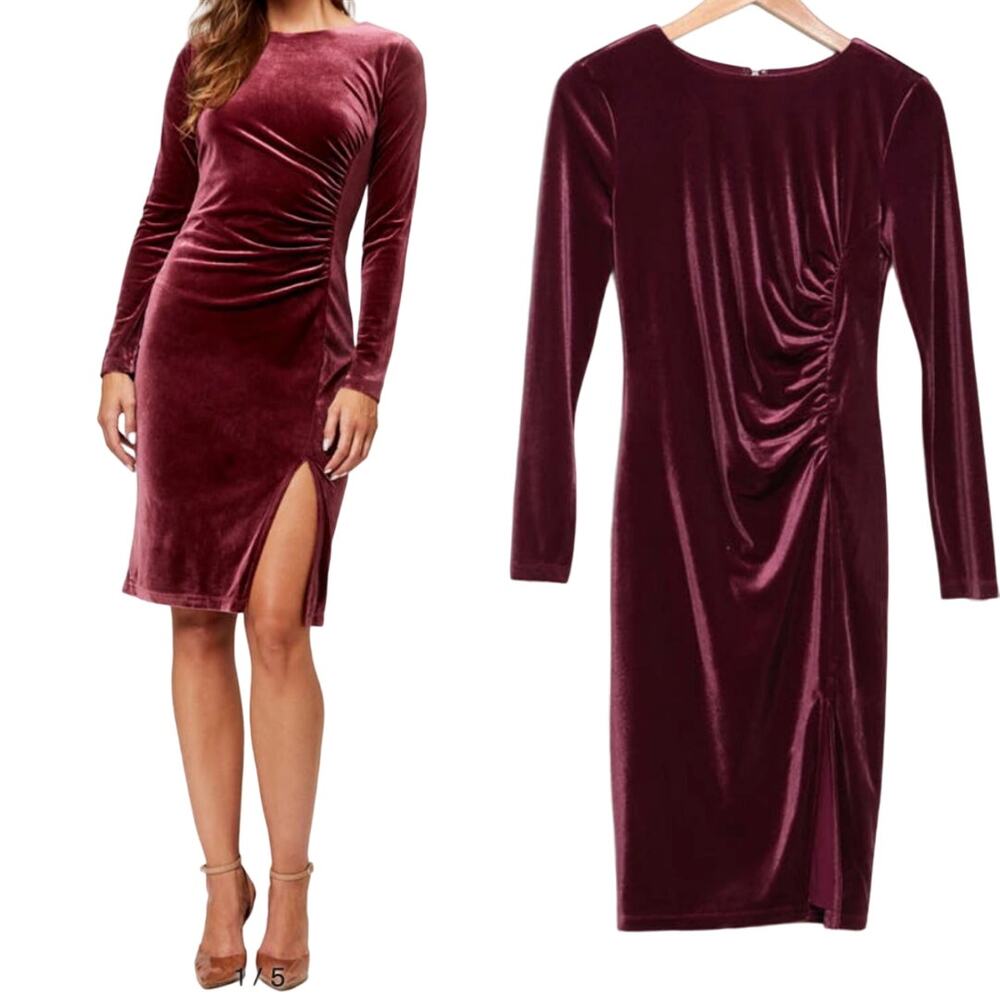 Love by Design Isla Velvet Front Slit Long Sleeve Dress Berry Pink Size M NWOT